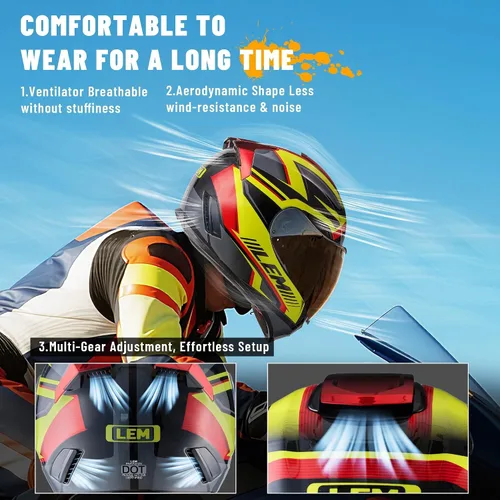Vista 5 de LEM Cascos de motocicleta de cara completa, cascos para hombres, con certificado DOT, PINLOCK y DVS de doble visión, casco de motocicleta de calle