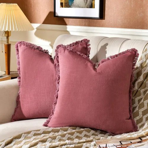 Vista 12 de Paquete de 2 fundas de almohada de lino con borlas con flecos decorativas rústicas naturales para cojín de sofá, sofá, dormitorio 16 x 16 pulgadas