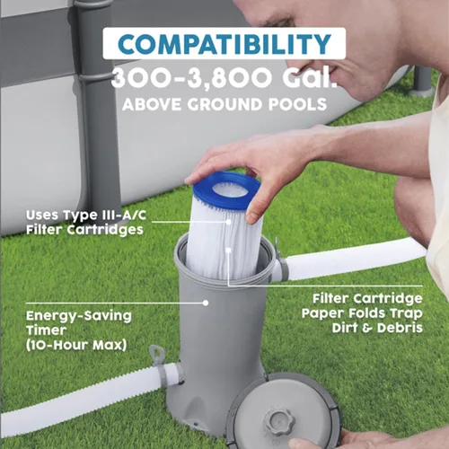 Vista 3 de Bestway Flowclear - Cartucho de bomba de filtro de agua para piscina sobre el suelo, 530 galones por hora, 120 voltios con temporizador de apagado