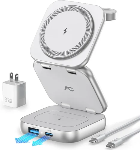 Vista 12 de Cargador inalámbrico 5 en 1 para MagSafe, estación de carga de viaje portátil AC ISLAND de 35 W, soporte magnético plegable rápido Qi2 de 35 W