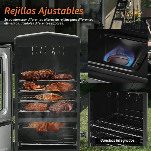 Vista 6 de Parrilla vertical grande para ahumar propano con 4 estantes para barbacoa de gas al aire libre con control de temperatura, diseño resistente