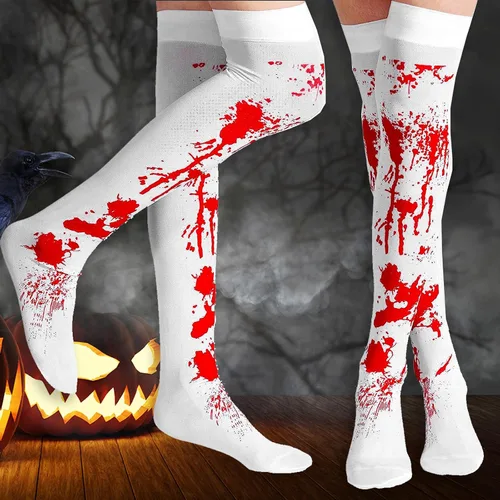 Vista 3 de Famiredo Calcetines altos y guantes para disfraz de Halloween, 1 par de guantes manchados de sangre y 1 par de calcetines manchados de sangre