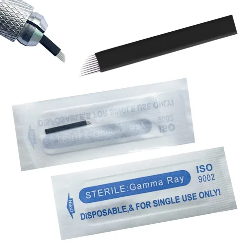 Vista 15 de Agujas de microblading de 0.007 in, agujas desechables de tatuaje de cejas para máquina de maquillaje permanente Manual de suministros (Negro S7)