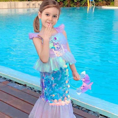 Vista 3 de knemmy Vestido de sirena para niñas pequeñas, disfraz de princesa Ariel, disfraz de Halloween, cosplay, fiesta de cumpleaños, vestido de lentejuelas