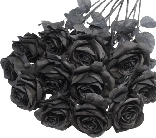Vista 7 de Rosas artificiales negras, 12 piezas de rosas falsas a granel, ramo de rosas de seda realistas de tallo largo para centros de mesa, arreglos