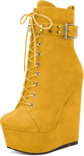 Vista 17 de HDEUOLM Botas de tobillo con tacón de plataforma de cuña alta para mujer, botines cortos con cordones y cremallera Negro