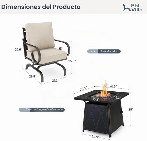 Vista 6 de PHI VILLA Patio Furniture Set with 4 Rocking Chairs & Fire Pit, Beige