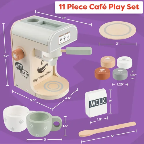 Vista 3 de Hey Play - Cafetera de juguete de madera para niños, 11 piezas, juego de cocina para niños con máquina de café expreso, accesorios de cocina