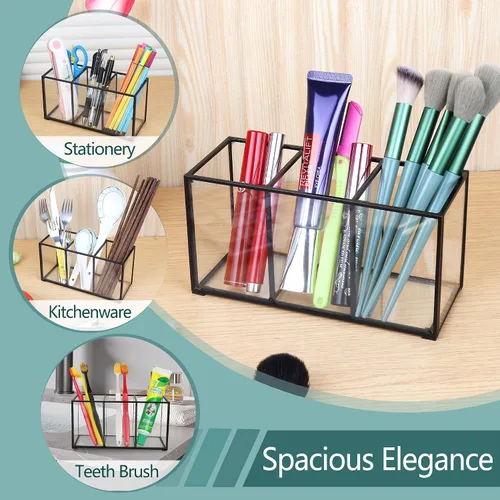 Vista 6 de ELEGANTLIFE Organizador de brochas de maquillaje de vidrio transparente, lujoso soporte de almacenamiento de cepillos de cosméticos de vidrio Negro