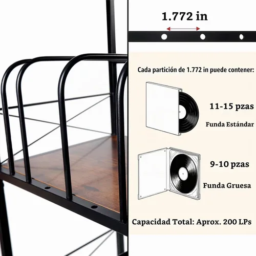 Vista 9 de Soporte para tocadiscos con 4 divisores ajustables, almacenamiento de discos de vinilo con capacidad para 200 LPs, mesa auxiliar de 3 capas, mesa