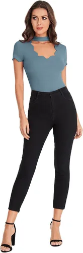 Vista 5 de Romwe - Camiseta de manga corta para mujer, cuello en V, corte festoneado