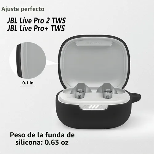 Vista 2 de Geiomoo Funda de silicona compatible con JBL Live Pro TWS 2, JBL Live Pro+ TWS Funda protectora con mosquetón (negro)