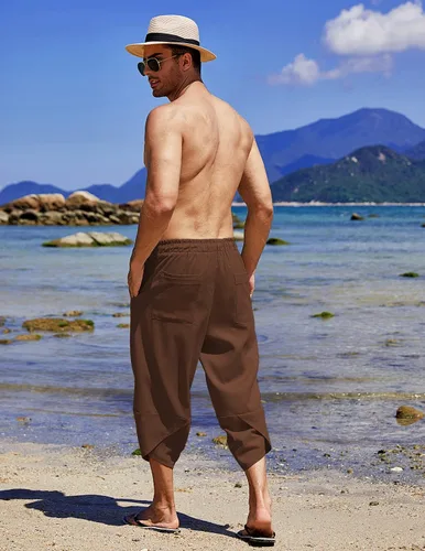 Vista 4 de COOFANDY Pantalones capri harén de lino para hombre, ligeros, sueltos, 34, con cordón elástico, cintura elástica, pantalones casuales para yoga