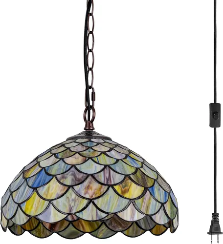 Vista 20 de Lámpara Colgante de Vidrio Emplomado Estilo Tiffany con Enchufe, 12" de Ancho Diseño de Glicinia Lámpara Colgante, Cadena de 60 Pulgadas Cable de 15