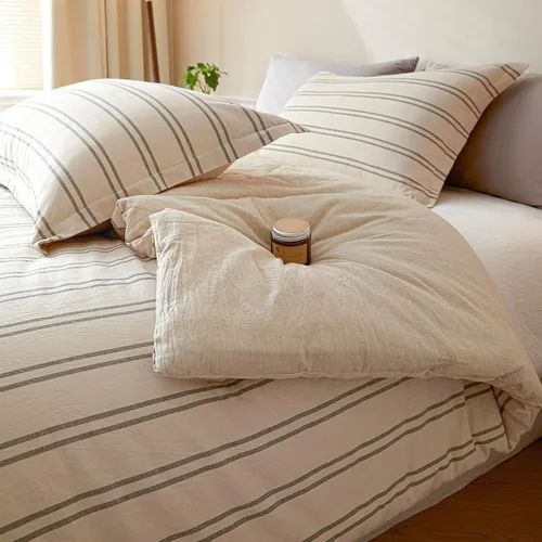 Vista 7 de Cyusri Juego de edredón de algodón a rayas tamaño individual, juego de ropa de cama suave y ligera de 2 piezas con 1 funda de almohada, reversible
