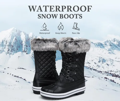 Vista 5 de VEPOSE Botas de nieve impermeables para mujer Calzado a media pantorrilla de agujetas con pieles