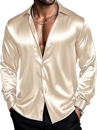 Vista 2 de Barry.Wang Camisas de discoteca de los años 70 para hombre, camisas beige B
