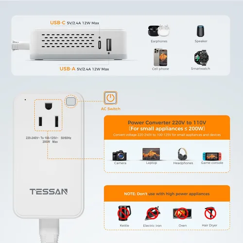 Vista 6 de TESSAN - Convertidor de voltaje compacto de 220 V a 110 V de EE. UU. a Europa, adaptador de viaje universal con 2 salidas de CA y 2 USB (1 USB-C)