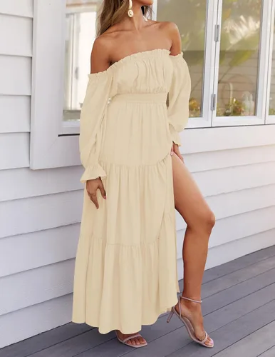 Vista 62 de ZESICA - Vestido largo, bohemio y sexy, con hombros descubiertos y manga larga fruncida, con elástico fruncido, cintura alta y abertura lateral