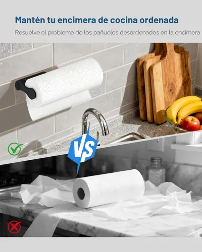 Vista 3 de Soporte para toallas de papel debajo del gabinete, desgarre con una mano, montaje en pared, adhesivo, negro, soporte para rollo de papel