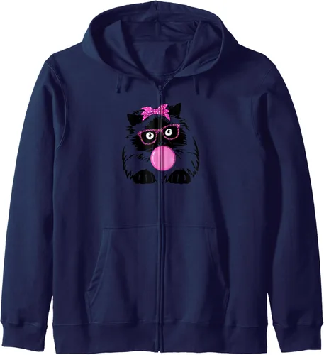 Vista 6 de Sudadera con capucha con cremallera y diseño de gato del Himalaya, Negro