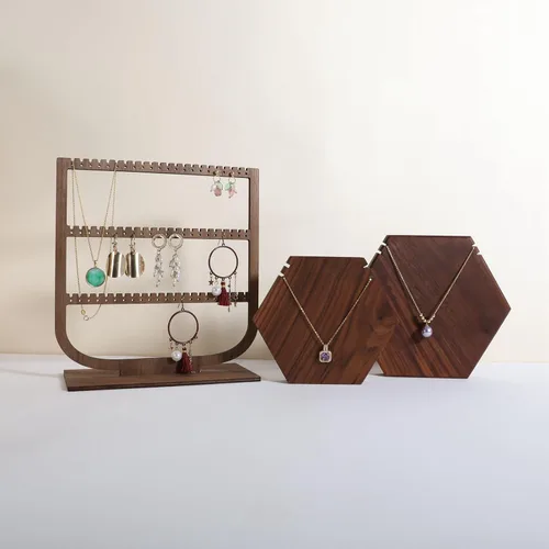 Vista 6 de GemeShou organizador colgante de madera de la joyería, tenedor de exhibición de la joyería de la nuez para la venta, estante de almacenamiento