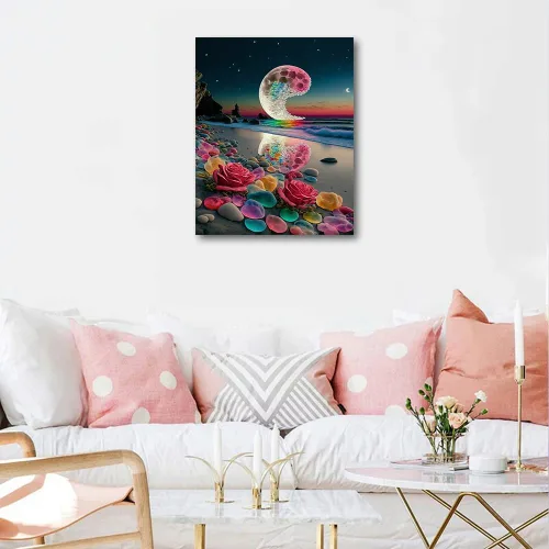 Vista 2 de Kit de pintura por números de playa con rocas para adultos, Moonbend DIY Kit de pintura al óleo, lienzo nocturno, pigmento acrílico, pintura