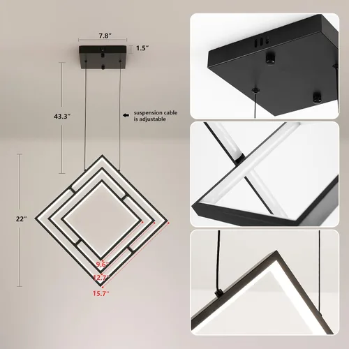 Vista 5 de Lámpara de araña LED moderna negra cuadrada, lámparas geométricas de araña LED, luz colgante regulable, lámpara de araña contemporánea creativa DIY