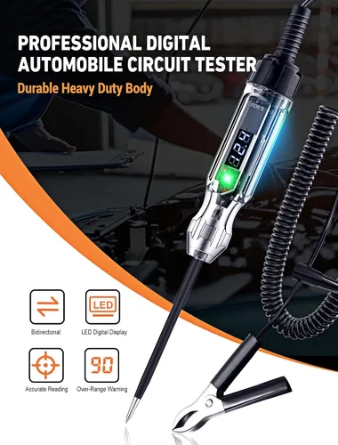 Vista 5 de Luz de prueba automotriz, probador eléctrico LED digital resistente de 5 a 90 V, probador de circuito con cable de resorte de poliuretano de 140
