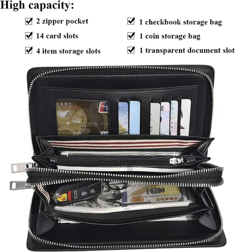 Vista 3 de Bolso de mano para hombre, de piel auténtica, cartera larga, tarjetero