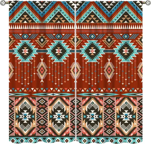 Vista 27 de YCness Cortinas aztecas para dormitorio, decoración geométrica étnica del suroeste para sala de estar, diseño tribal bohemio de elefante nativo