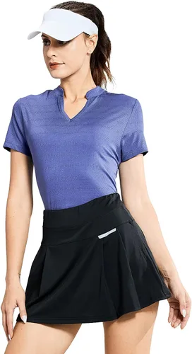 Vista 7 de MIER Polo de golf para mujer, sin cuello, UPF 50+, manga corta, para tenis, correr, cuello en V