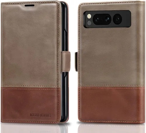 Vista 8 de KEZiHOME Funda para Google Pixel Fold, cuero genuino [bloqueo RFID] Funda tipo cartera con ranuras para tarjetas, función atril y tapa protectora