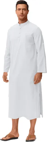 Vista 2 de LVCBL Kaftan para hombre, de manga larga, caftán, thobe, con abertura lateral, bata musulmana, con botones, túnica larga Blanco