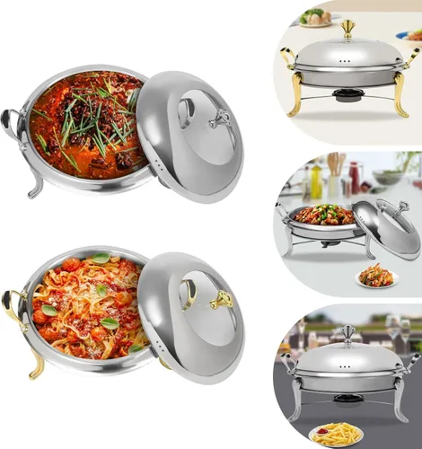 Vista 2 de Plato redondo para rozar, de acero inoxidable, para bufé, 2.5 L, calentadores de bufé con soporte de combustible (9.4 in dorado)