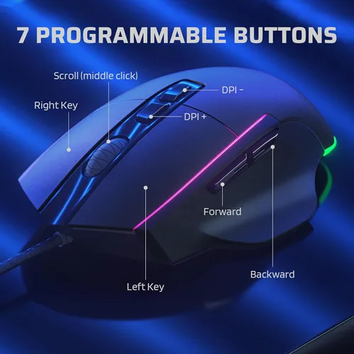 Vista 2 de LTC GM-021 Ratón para juegos con cable, sensor óptico de alta precisión de 12800 DPI, 7 botones programables, RGB personalizable, forma ergonómica