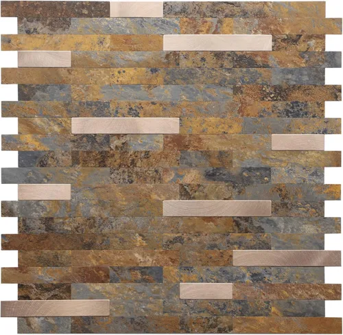 Vista 9 de STICKGOO Azulejo de protección contra salpicaduras para despegar y pegar, para cocina y baño, aspecto de madera negra y gris, PVC, mezcla de metal