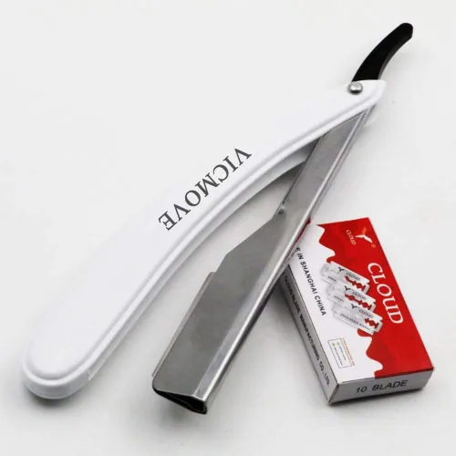 Vista 6 de Navaja de afeitar profesional de borde recto con 20 cuchillas Derby, 100% acero inoxidable, 1 navaja + 20 cuchillas 1 Razor + 20 Blades