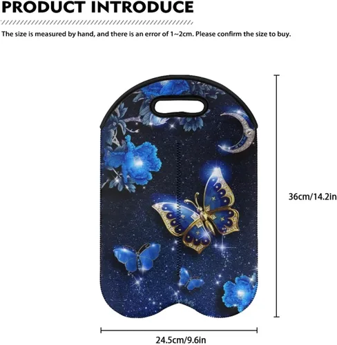 Vista 6 de doginthehole Bolsa de vino de mariposa azul con asa de neopreno para vino, champán, bolsas de cerveza, reutilizable, lavable, portátil, 2 botellas
