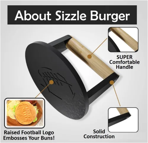 Vista 4 de SIZZLE Prensa de patty con mango de madera de 5 pulgadas con temática de fútbol, hierro fundido de alta calidad, construcción sólida, agarre cómodo