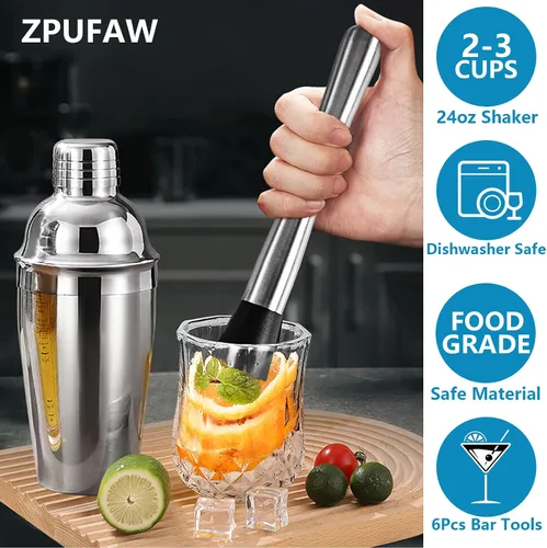Vista 2 de ZPUFAW Juego de Coctelera de 6 Piezas Coctelera de 24 onzas Colador Macerador Medidor Cuchara Mezcladora Pico Vertedor Kit de Barman Juego de Bar