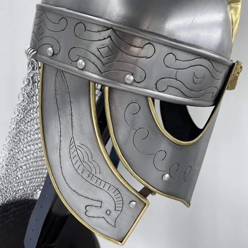 Vista 3 de AnNafi Casco de armadura de lobo vikingo hecho a mano Cascos medievales de caballero de metal con detalles de latón y malla Usable para adultos
