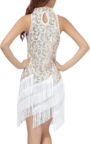 Vista 2 de Vestido de flecos para mujer, cuello alto, lentejuelas con purpurina, vestidos de baile latino, vestido de baile vintage de los años 20 para adultos