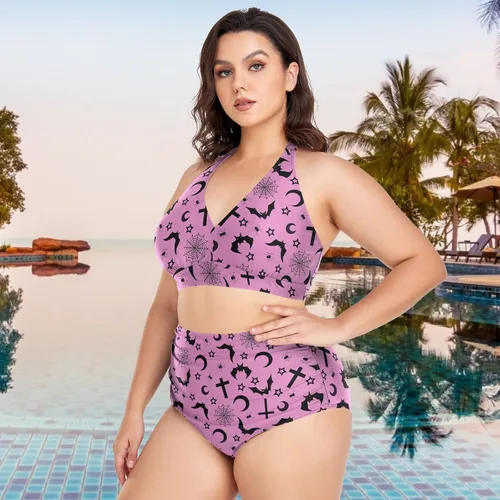 Vista 3 de Bikini de 2 piezas para mujer, talla grande, cintura alta, cuello halter, fruncido, control de abdomen Murciélagos Cruces Estrellas