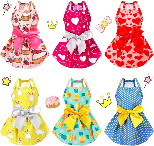 Vista 8 de Frienda 6 piezas con lazo de príncipes para cachorro, vestido floral para perro, falda, vestido de verano para mascotas, lindo vestido de verano