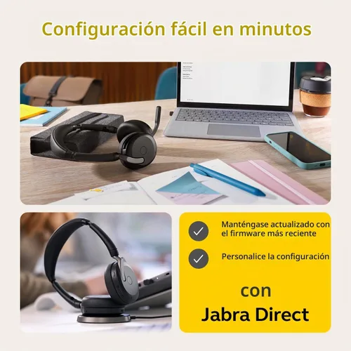 Vista 5 de Jabra Evolve2 65 Flex Auriculares Estéreo con Bluetooth, Almohadilla de Carga Inalámbrica - Tecnología ClearVoice de Cancelación de Ruido y Equipos