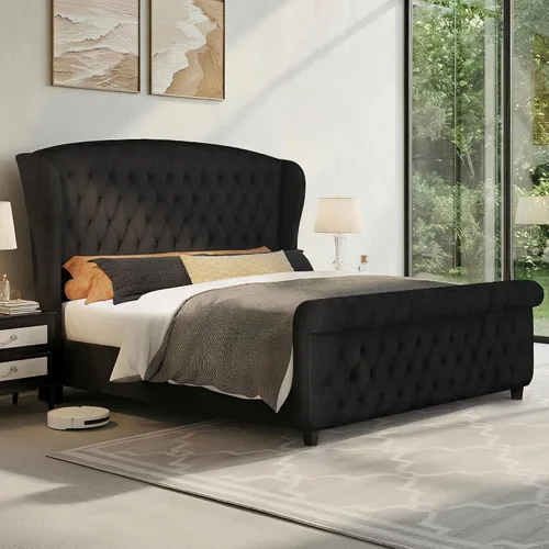 Vista 8 de LUXOAK Estructura de cama tapizada tamaño Queen con cabecera capitoné Negro