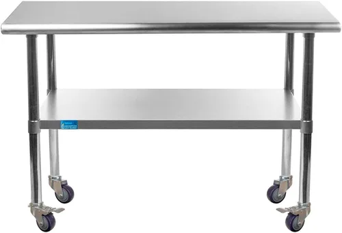 Vista 7 de Mesa de trabajo comercial de acero inoxidable con estante inferior y ruedas (24x72)