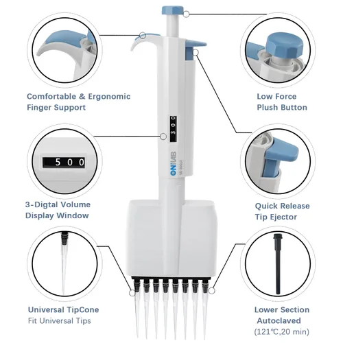Vista 2 de ONiLAB Micropipeta de laboratorio, pipetas multicanal de 8 canales de volumen ajustable, 0.5-10μl
