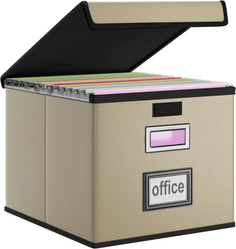 Vista 24 de Caja organizadora de archivos Huolewa con tapa, caja organizadora de carpetas de archivos colgantes de cuero sintético plegable con deslizadores